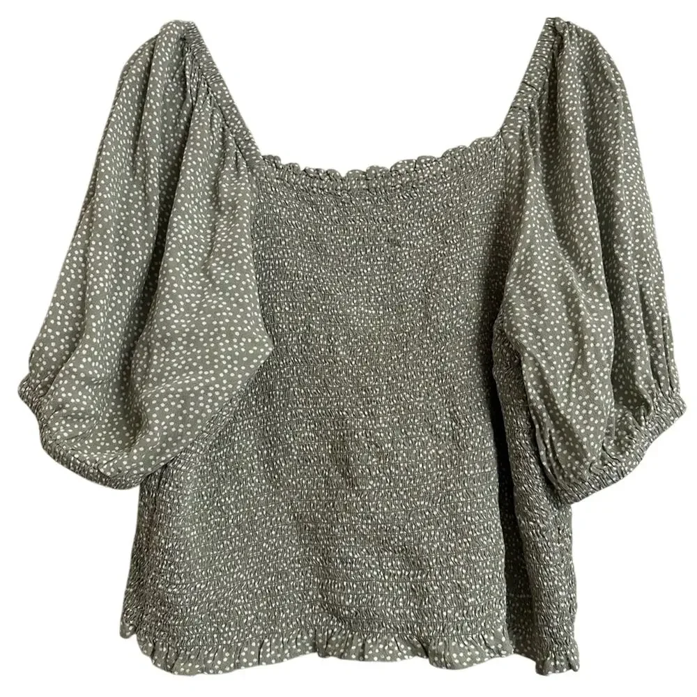 LOFT Smocked Blouse Womens L Olive Polka Dot Cottage Puff Sleeve Square Neck